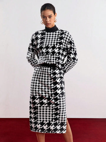 Women's Plaid Stand Collar Top And Skirt Set