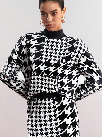 Women's Plaid Stand Collar Top And Skirt Set