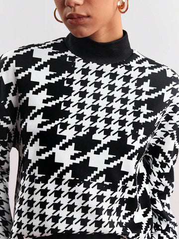 Women's Plaid Stand Collar Top And Skirt Set