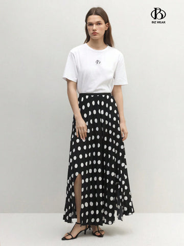 BIZwear Women's Polka Dot Print Casual Skirt With Side Slit Hem