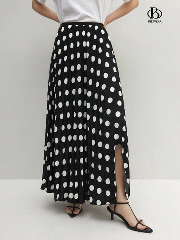 BIZwear Women's Polka Dot Print Casual Skirt With Side Slit Hem