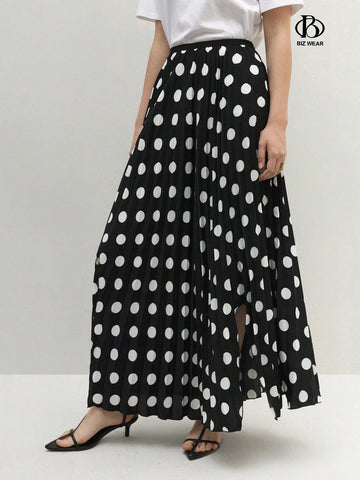BIZwear Women's Polka Dot Print Casual Skirt With Side Slit Hem