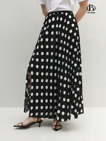 BIZwear Women's Polka Dot Print Casual Skirt With Side Slit Hem