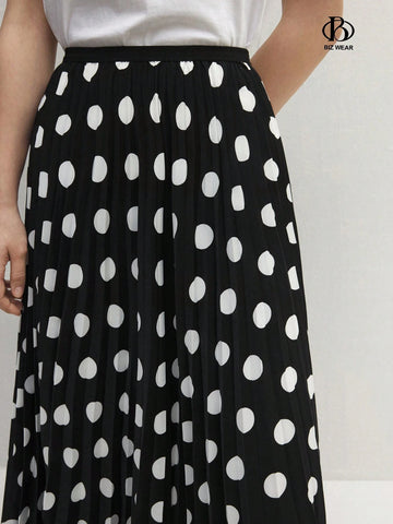 BIZwear Women's Polka Dot Print Casual Skirt With Side Slit Hem