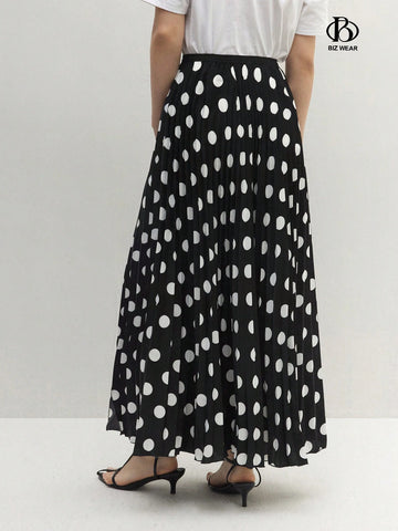 BIZwear Women's Polka Dot Print Casual Skirt With Side Slit Hem