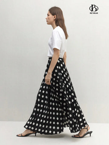 BIZwear Women's Polka Dot Print Casual Skirt With Side Slit Hem