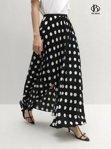BIZwear Women's Polka Dot Print Casual Skirt With Side Slit Hem