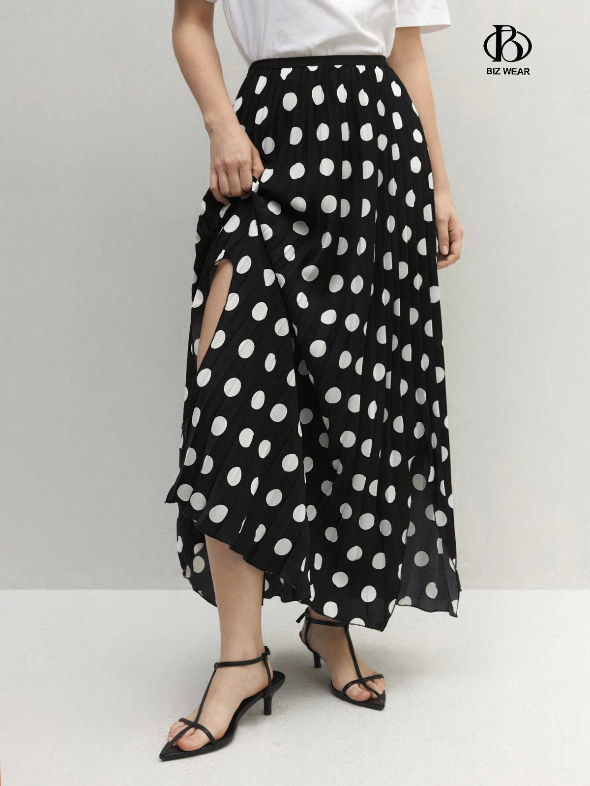 BIZwear Women's Polka Dot Print Casual Skirt With Side Slit Hem