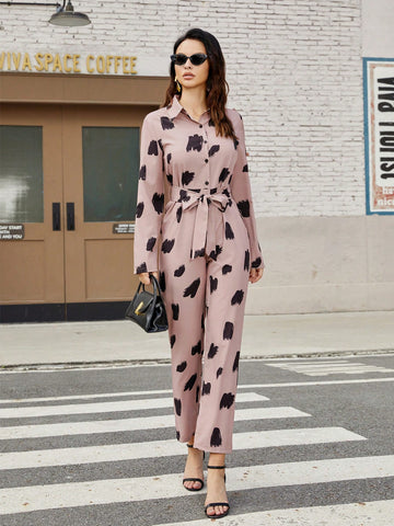Women's Printed Button Front Half Placket Long Sleeve Jumpsuit