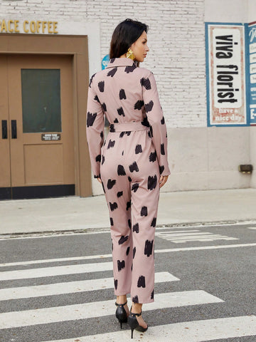 Women's Printed Button Front Half Placket Long Sleeve Jumpsuit