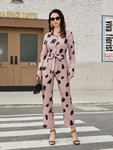 Women's Printed Button Front Half Placket Long Sleeve Jumpsuit