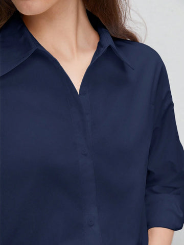 BIZwear Women's Pure Cotton Plain White Shirt With Drop Shoulder And Curved Hem