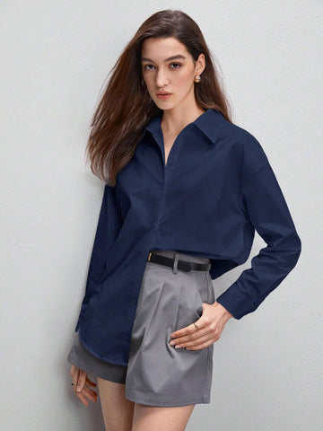 BIZwear Women's Pure Cotton Plain White Shirt With Drop Shoulder And Curved Hem