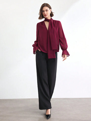 BIZwear Women's Romantic & Elegant Tie Strap Blouse For Work