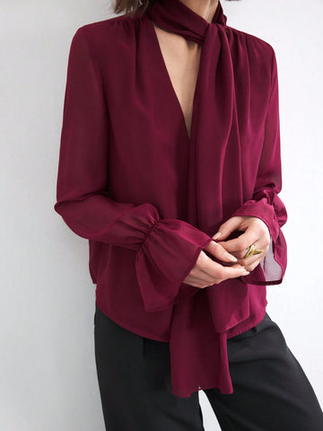 BIZwear Women's Romantic & Elegant Tie Strap Blouse For Work