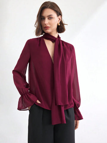 BIZwear Women's Romantic & Elegant Tie Strap Blouse For Work