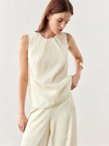 BIZwear Women's Round Neck Pleated Sleeveless Blouse