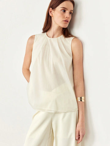 BIZwear Women's Round Neck Pleated Sleeveless Blouse
