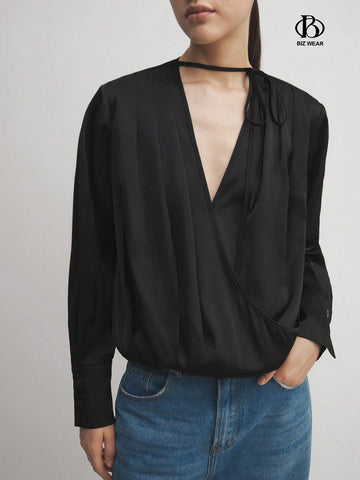 BIZwear Women's Satin V-Neck Long Sleeve Professional Work Shirt