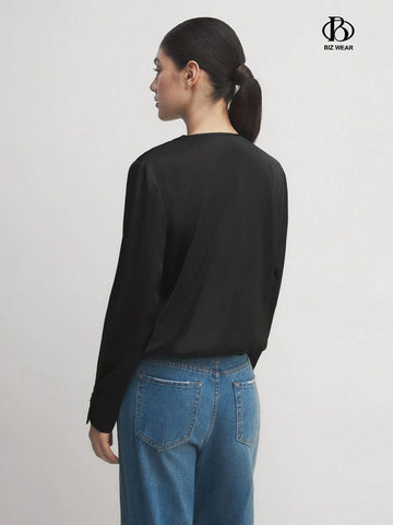 BIZwear Women's Satin V-Neck Long Sleeve Professional Work Shirt