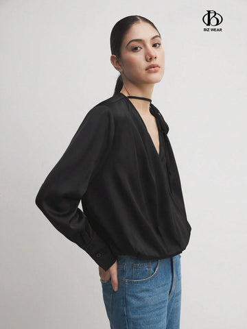 BIZwear Women's Satin V-Neck Long Sleeve Professional Work Shirt