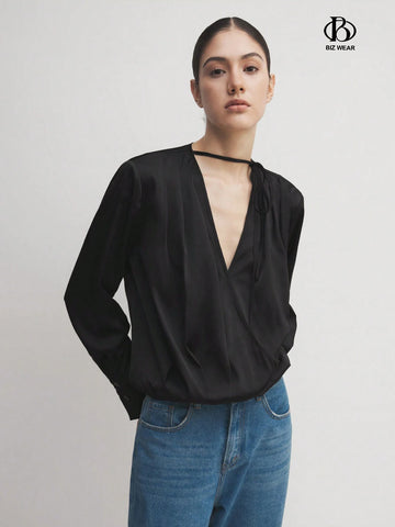 BIZwear Women's Satin V-Neck Long Sleeve Professional Work Shirt