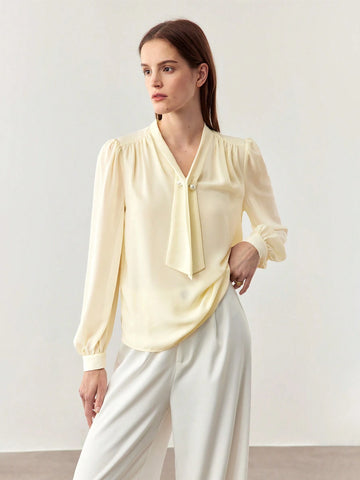 BIZwear Women's Simple Casual Faux Pearl Long Sleeve Shirt