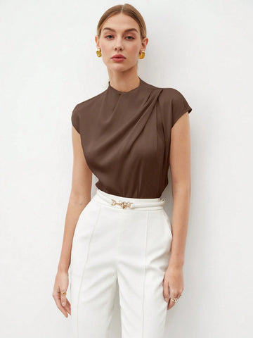 BIZwear Women's Simple Solid Color Elegant Pleated Blouse, Summer