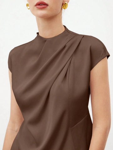 BIZwear Women's Simple Solid Color Elegant Pleated Blouse, Summer