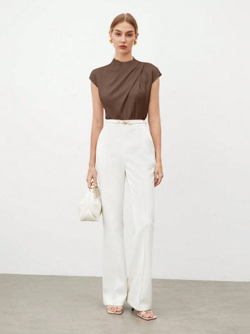 BIZwear Women's Simple Solid Color Elegant Pleated Blouse, Summer