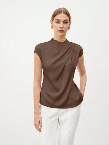 BIZwear Women's Simple Solid Color Elegant Pleated Blouse, Summer