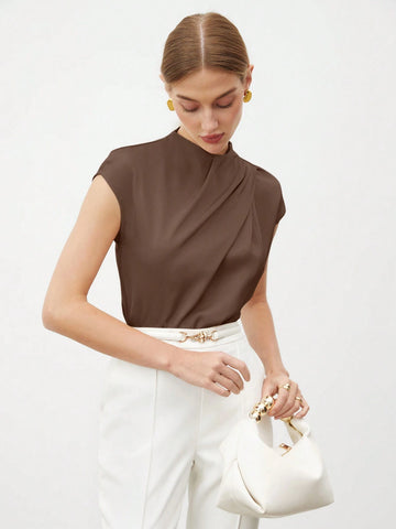 BIZwear Women's Simple Solid Color Elegant Pleated Blouse, Summer