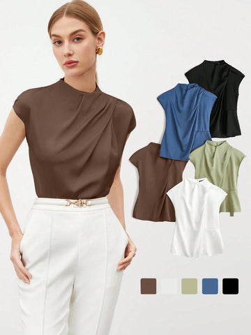 BIZwear Women's Simple Solid Color Elegant Pleated Blouse, Summer