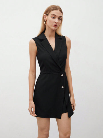 Women's Sleeveless Jumpsuit With Blazer Collar And Shorts