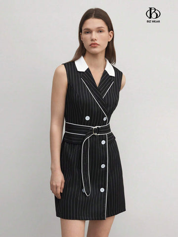 Women's Sleeveless Striped & Printed Belted Dress With Contrast Trim And Double-Breasted