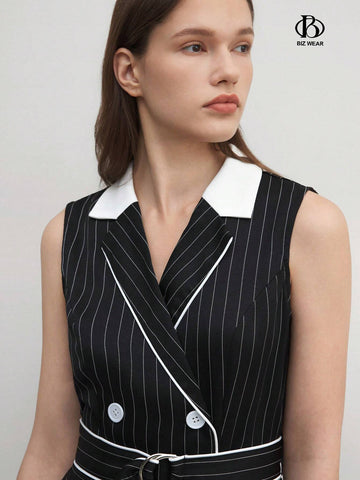 Women's Sleeveless Striped & Printed Belted Dress With Contrast Trim And Double-Breasted