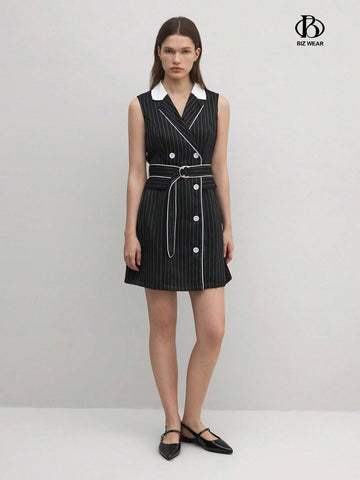 Women's Sleeveless Striped & Printed Belted Dress With Contrast Trim And Double-Breasted
