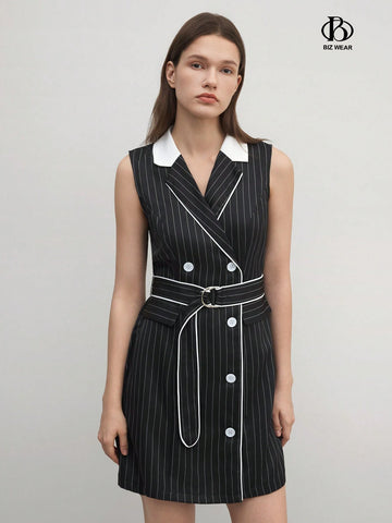 Women's Sleeveless Striped & Printed Belted Dress With Contrast Trim And Double-Breasted