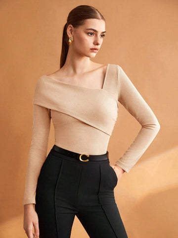 Women's Solid Color Asymmetrical Collar T-shirt