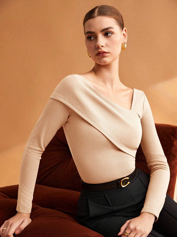 Women's Solid Color Asymmetrical Collar T-shirt