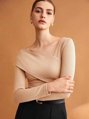 Women's Solid Color Asymmetrical Collar T-shirt