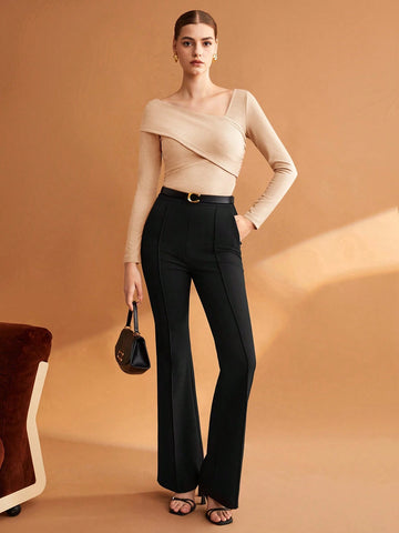 Women's Solid Color Asymmetrical Collar T-shirt