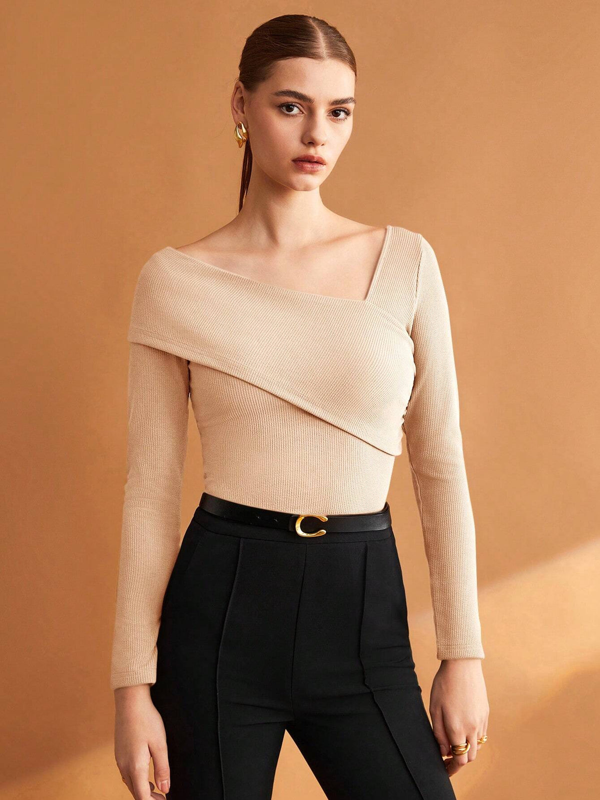 Women's Solid Color Asymmetrical Collar T-shirt