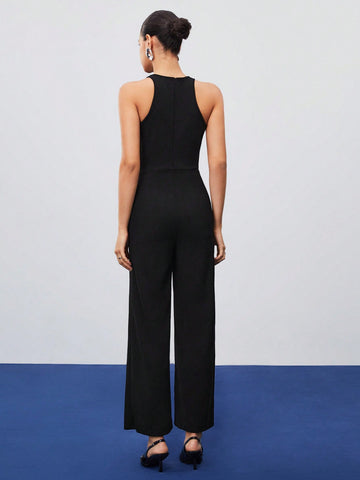 Women's Solid Color Beaded Decoration Hollow Out Jumpsuit