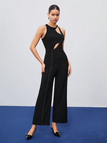 Women's Solid Color Beaded Decoration Hollow Out Jumpsuit