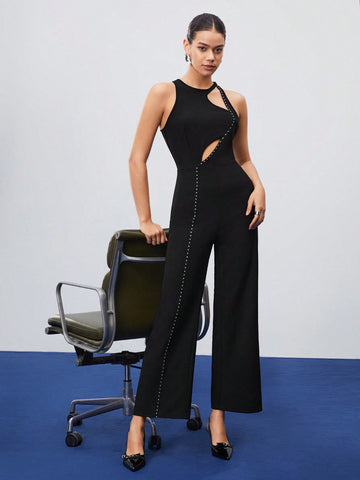 Women's Solid Color Beaded Decoration Hollow Out Jumpsuit