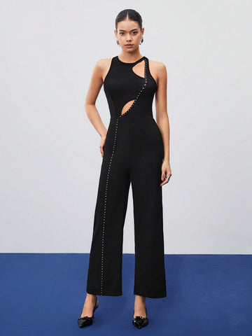 Women's Solid Color Beaded Decoration Hollow Out Jumpsuit