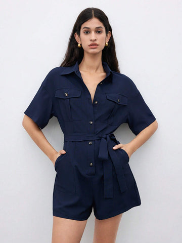 Women's Solid Color Button Front Flip Pocket Leisure Romper Shorts