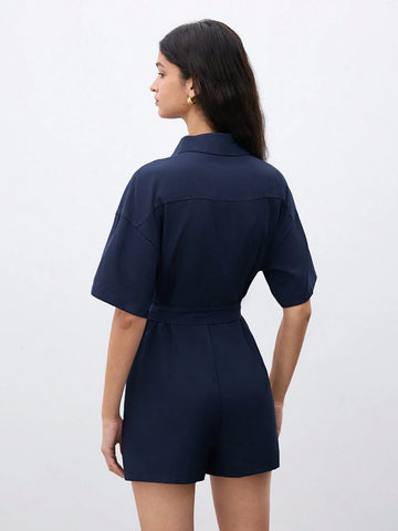 Women's Solid Color Button Front Flip Pocket Leisure Romper Shorts