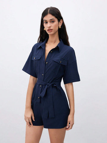 Women's Solid Color Button Front Flip Pocket Leisure Romper Shorts